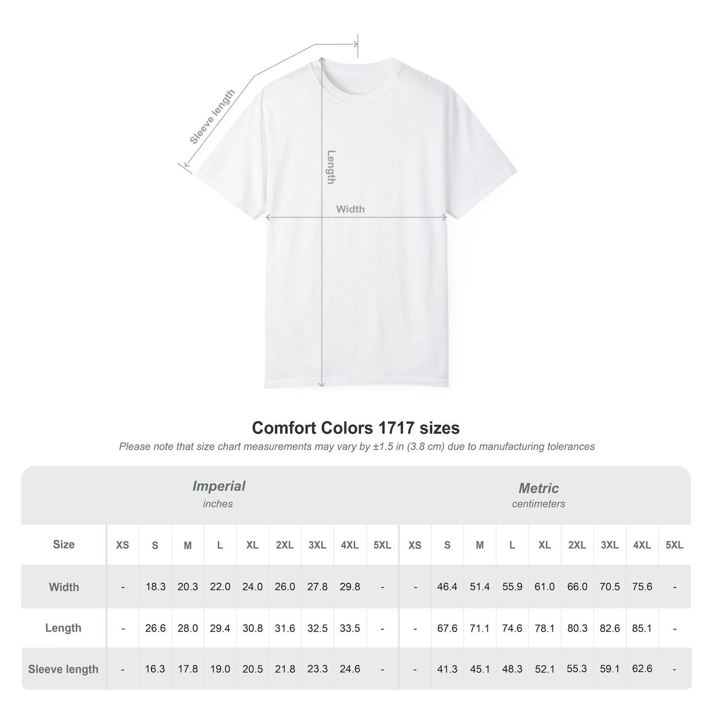 size chart for comfort colors 1717 tshirt