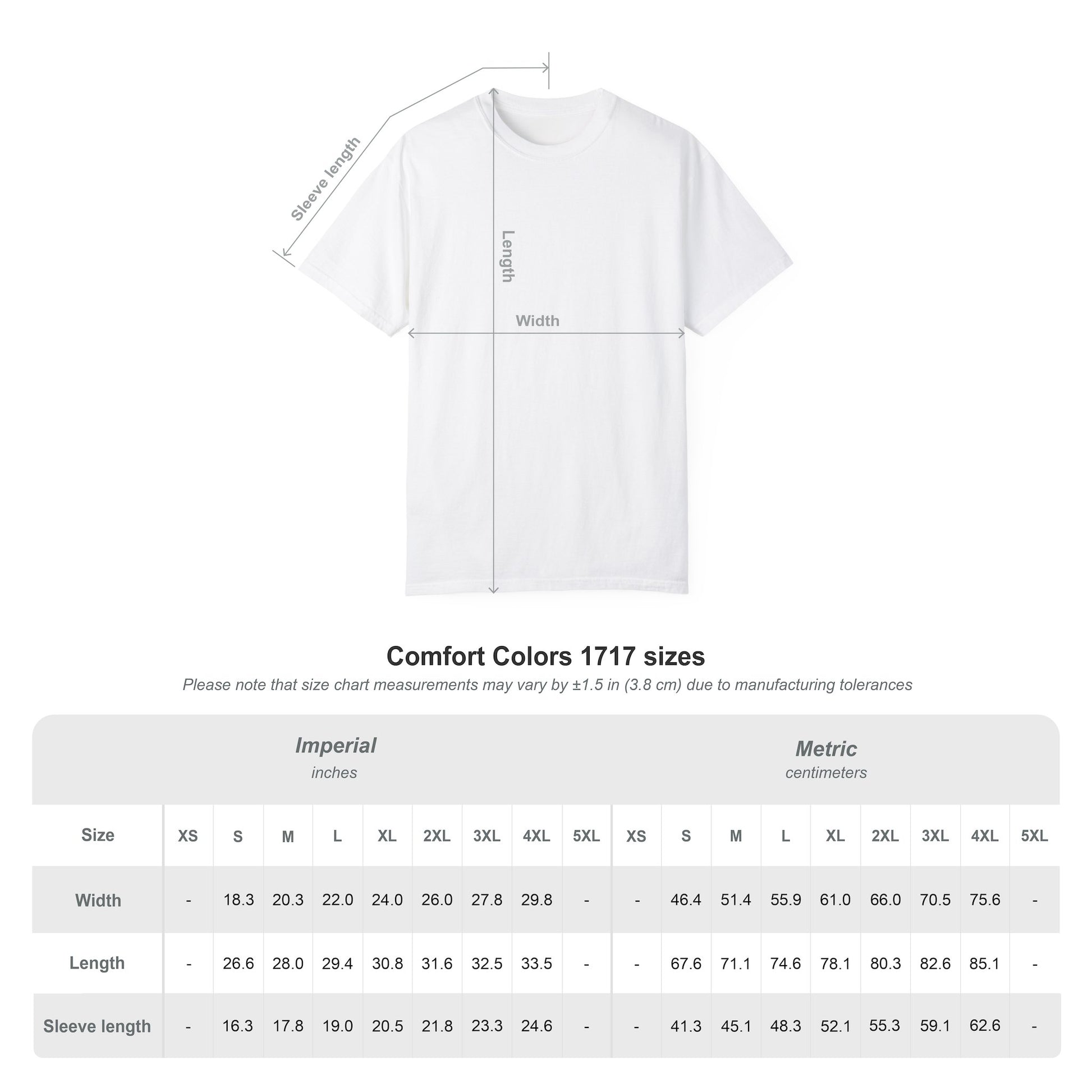 size chart for comfort colors 1717 tshirt
